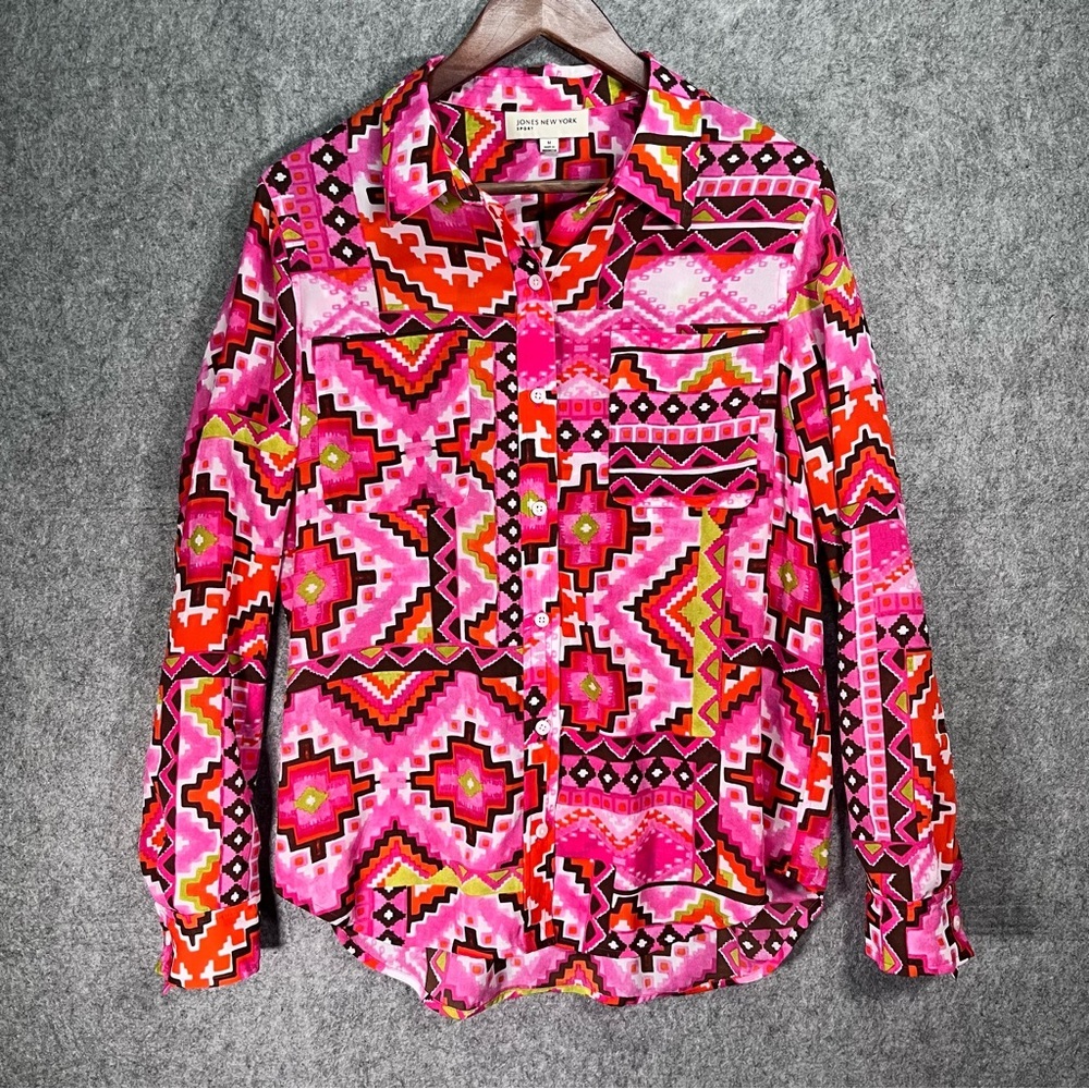 Geometric Pink Green Brown‎ Long Sleeve Collar Shirt Button Front Medium